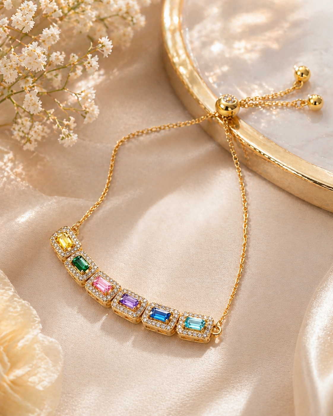 Rainbow Baguette & Halo adjustable Bolo Bracelet.