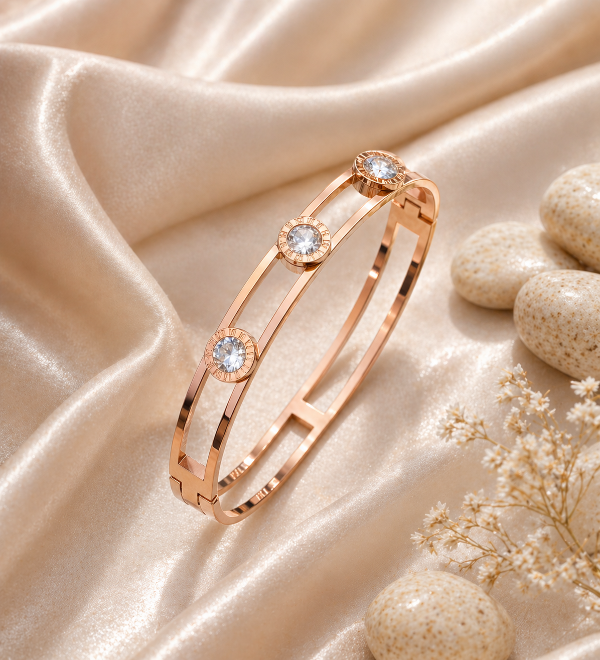 Midnight Rose Roman Numeral Open Bangle with Brilliant Accents