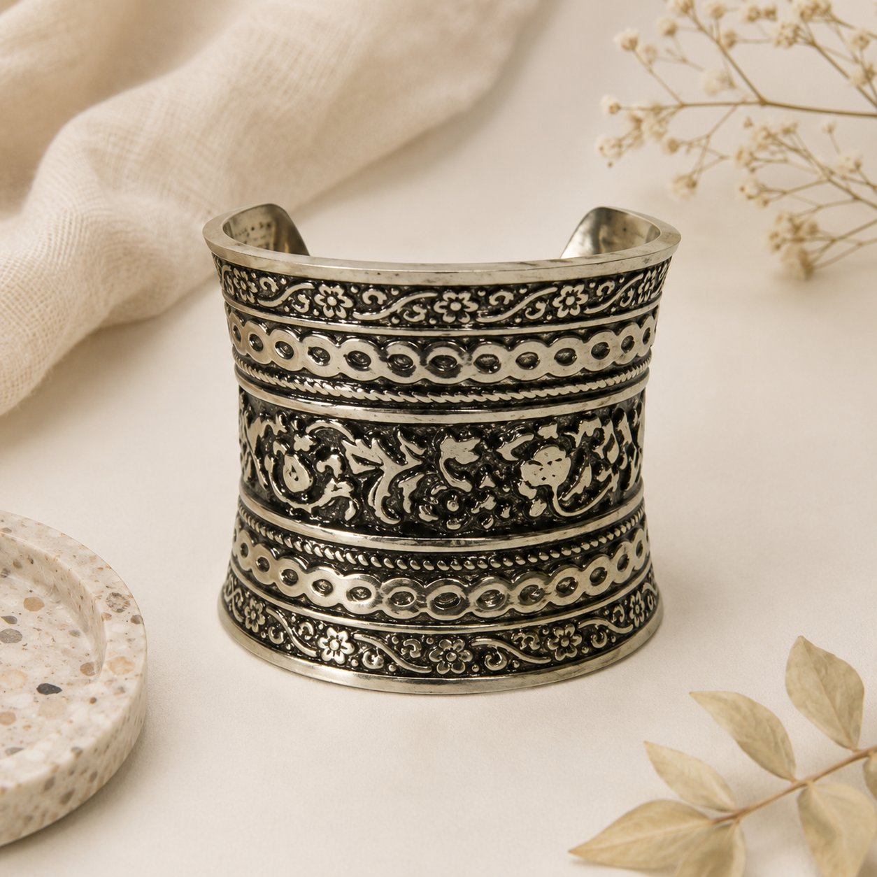 Vintage Floral Oxidized Silver Cuff Bracelet