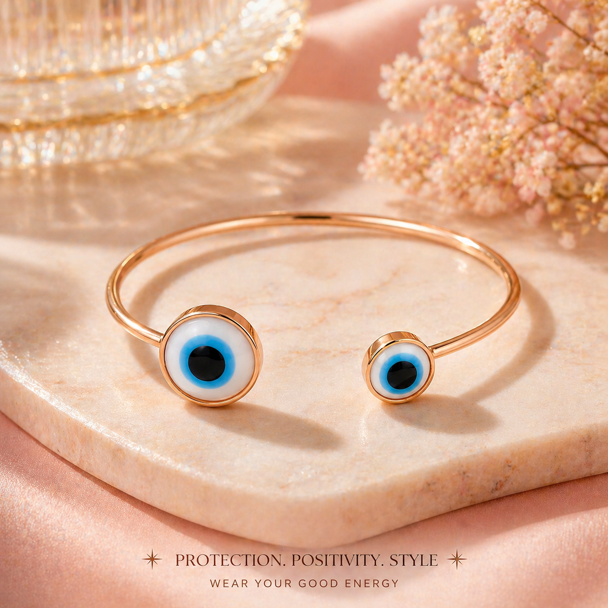 Ethereal Protection Evil Eye Open Bangle in Rose-Tone Finish