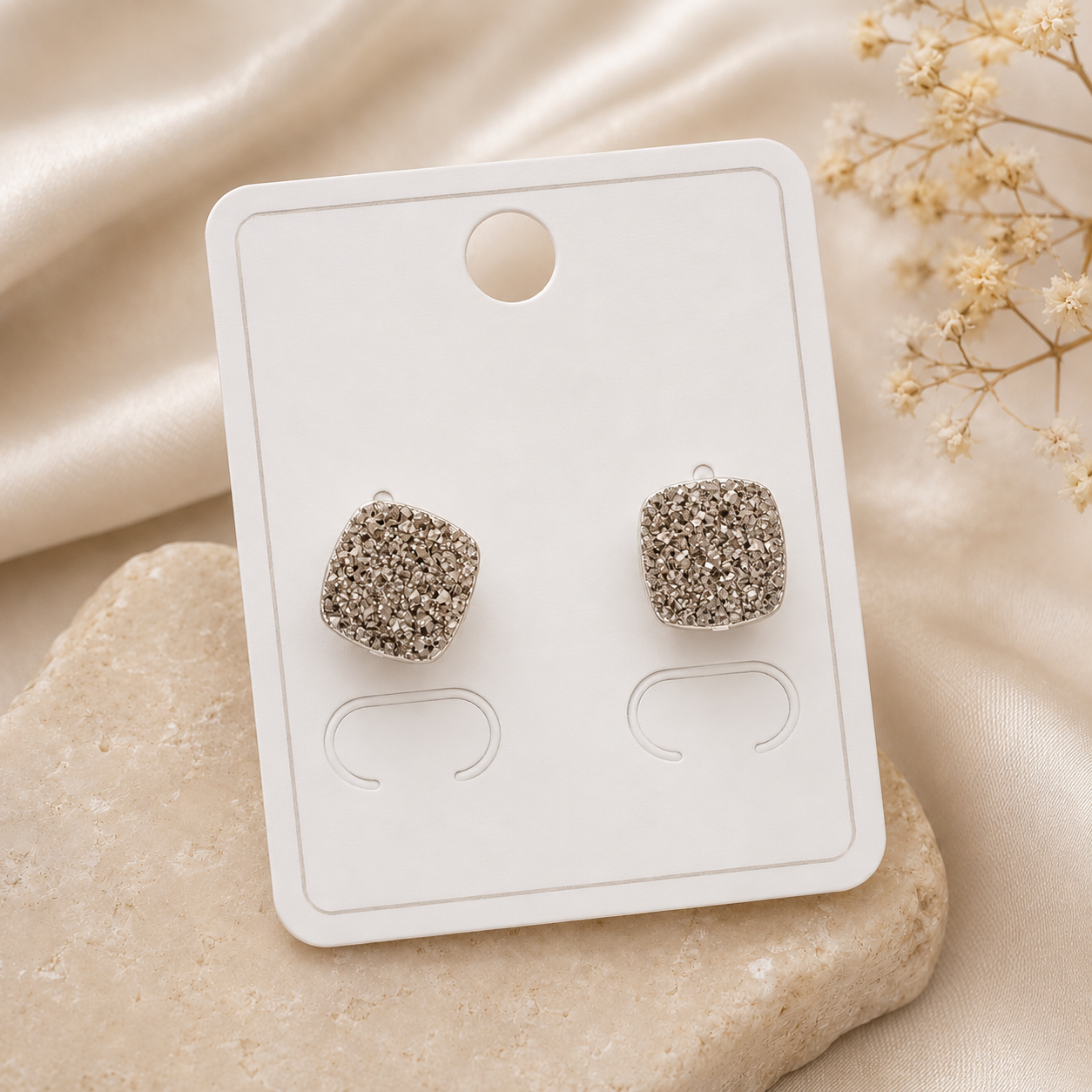 Silver Sparkle Square Stud Earrings