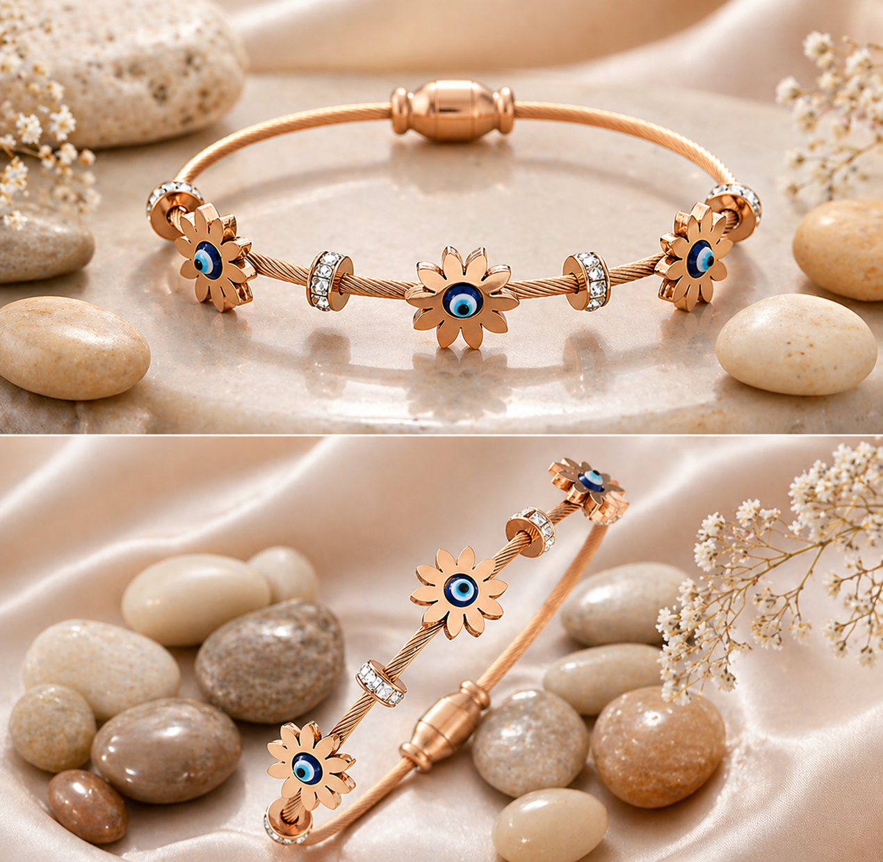 Midnight Rose Floral Evil Eye Cable Bangle with Brilliant Crystal Accents