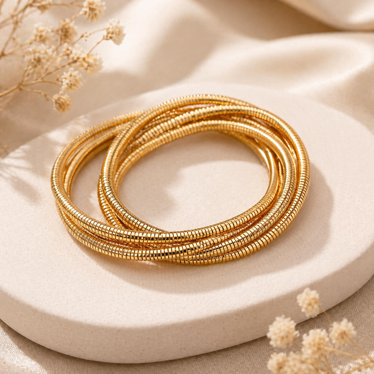 Gilded Serpent Coil: Multi-Layered Textured Snake Chain Bangle