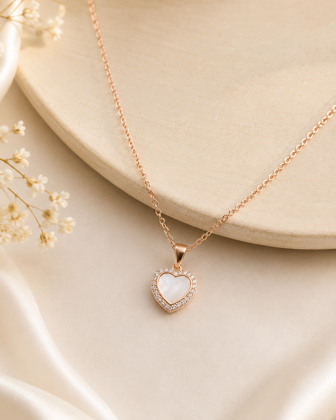 Rose Gold Heart Pendant Necklace – Crystal Halo Charm