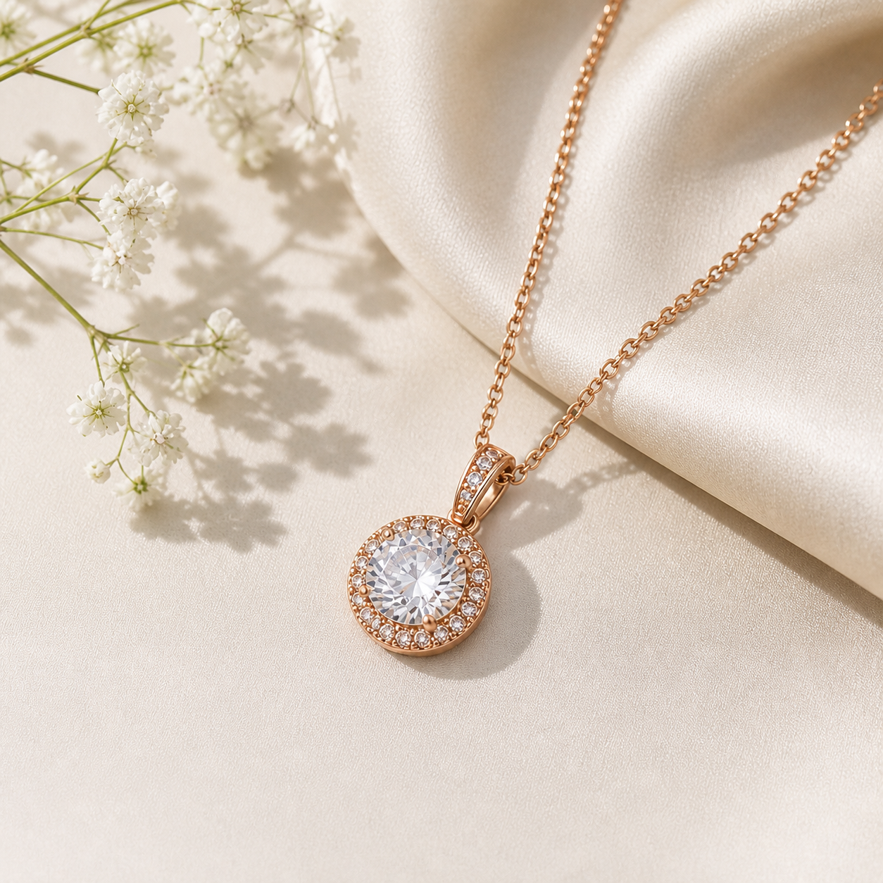 Midnight Sun Solitaire Halo Pendant in Lustrous Rose Gold-Tone