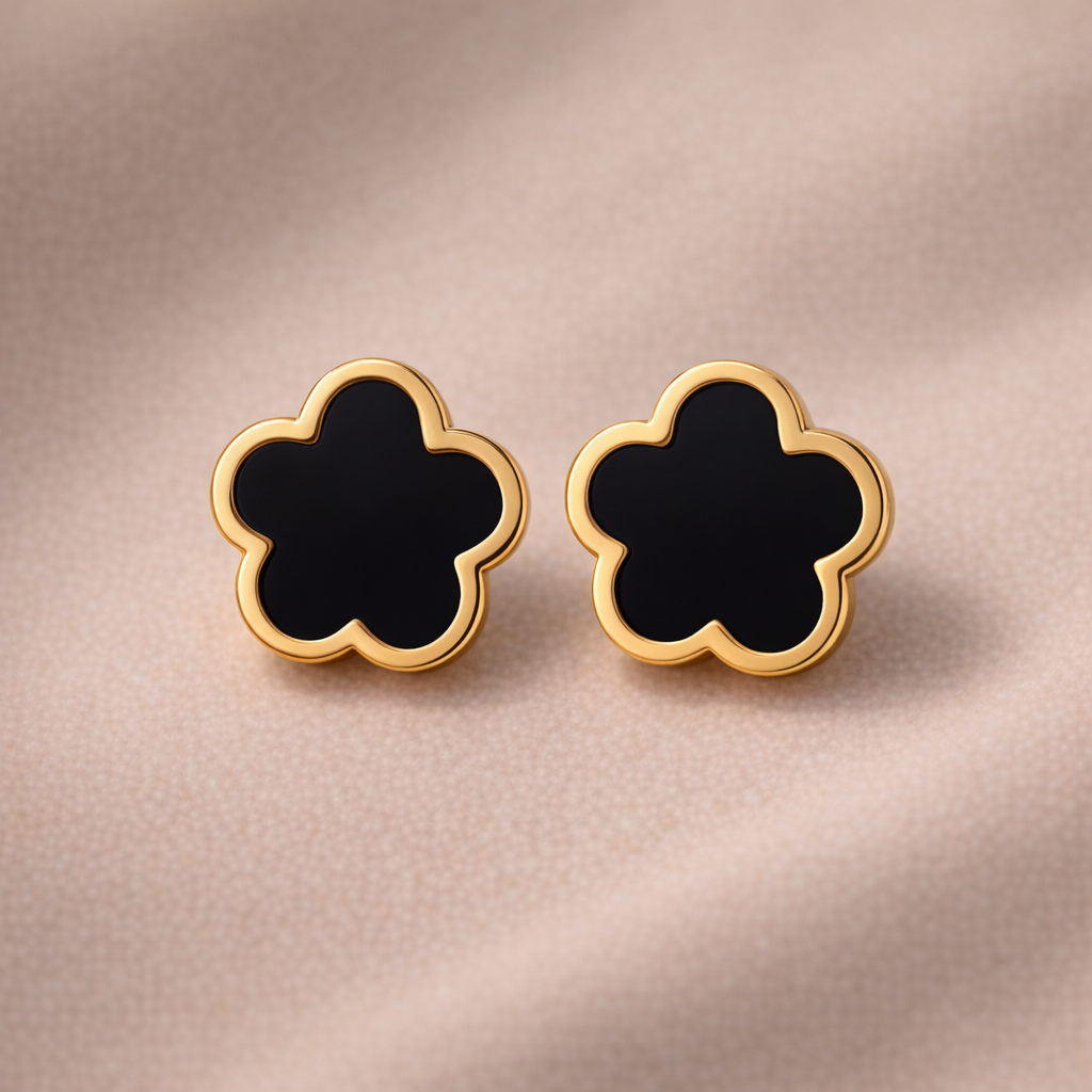 Midnight Blossom: Black Enamel and Gilded Floral Stud Earrings