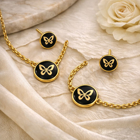 Midnight Monarch: Golden Butterfly Onyx-Tone Necklace and Earring Set