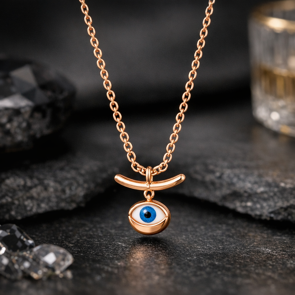 Gilded Insight: Celestial Evil Eye Pendant in Rose Gold-Tone