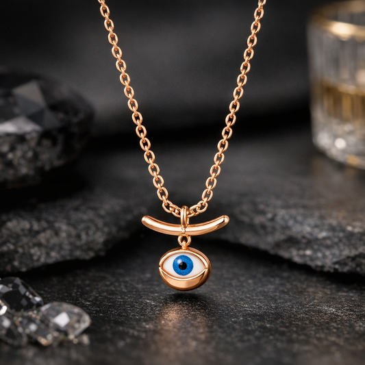 Gilded Insight: Celestial Evil Eye Pendant in Rose Gold-Tone