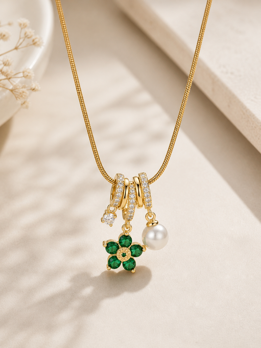 Botanical Charm Pendant Necklace – Gold Vermeil with Emerald Crystal Flower, Pearl & ZirconiaBotanical Charm Pendant Necklace – Gold Vermeil with Emerald Crystal Flower, Pearl & Zirconia
