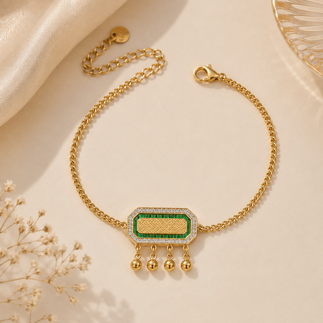 Emerald Charm Gold Chain Bracelet