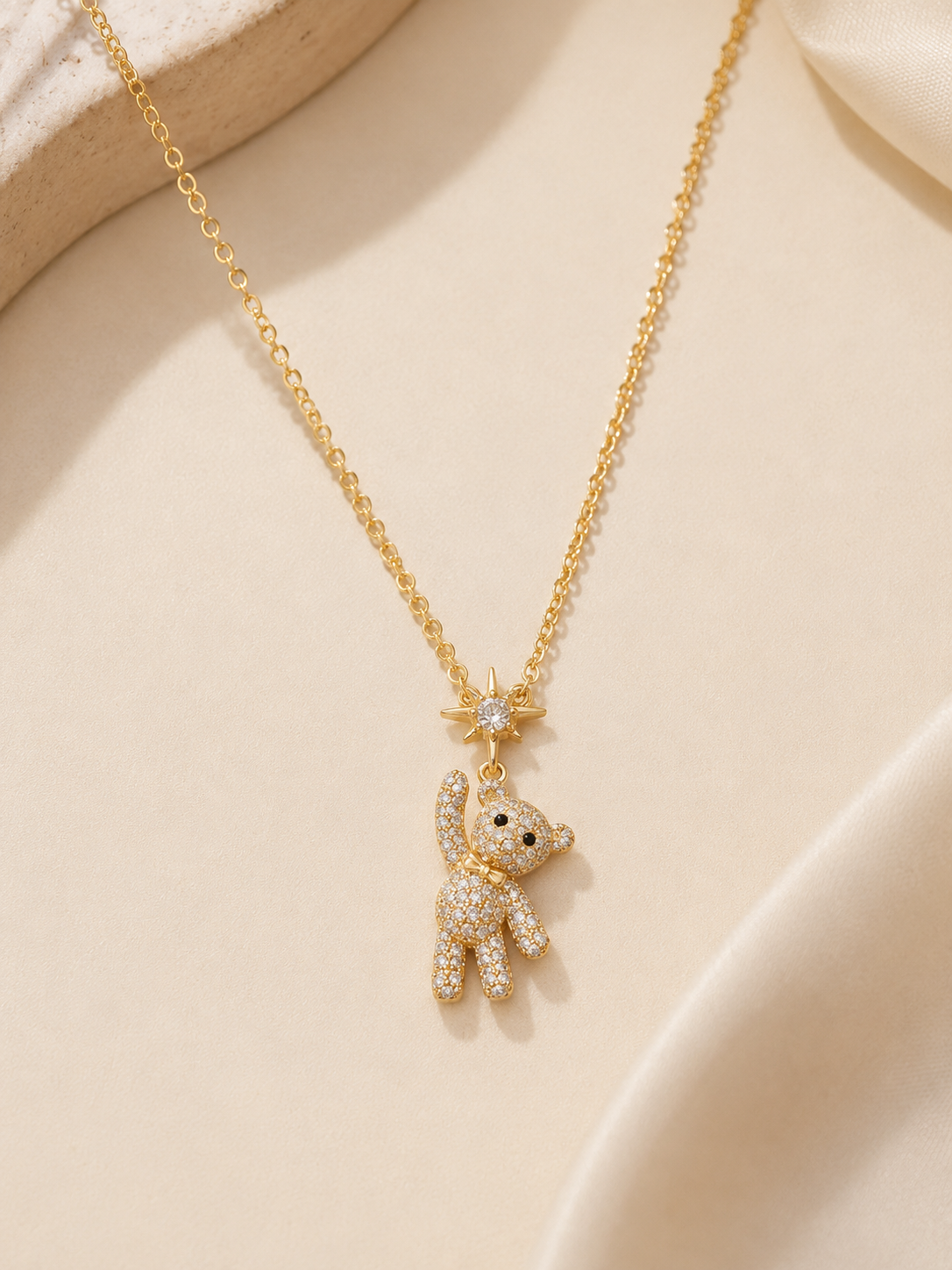 Celestial Teddy Bear Pendant Necklace – Gold Crystal Charm