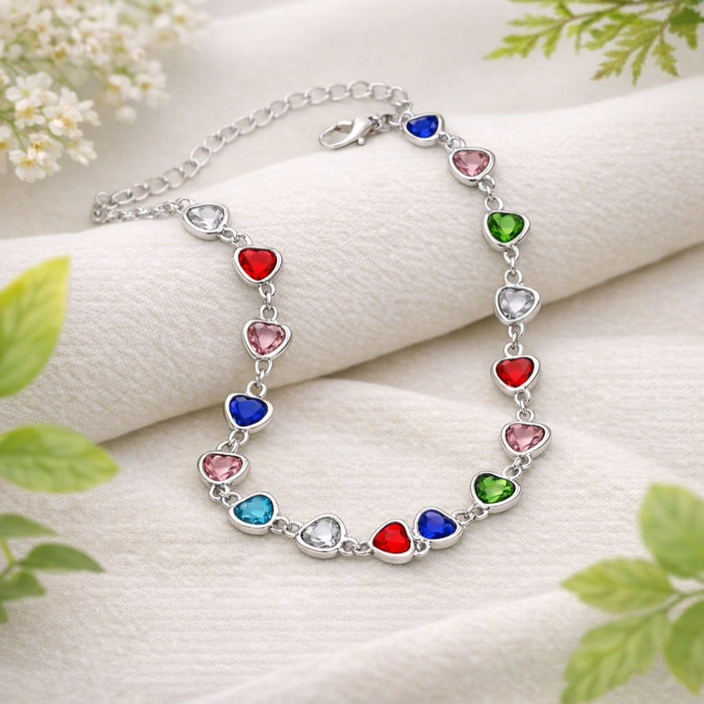 Multicolor Heart Crystal Bracelet – Silver Charm Elegance