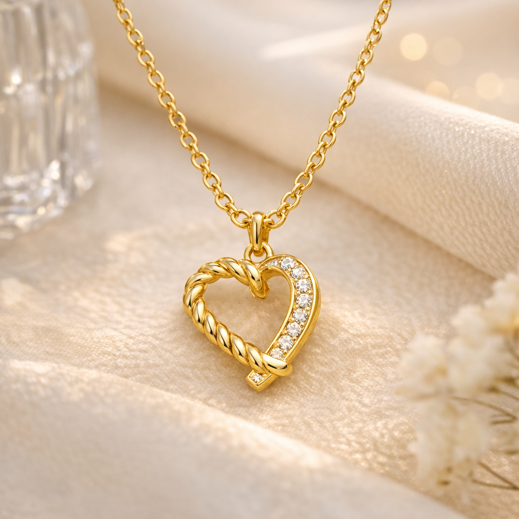 Twisted Heart Crystal Pendant Necklace – Gold Love Charm