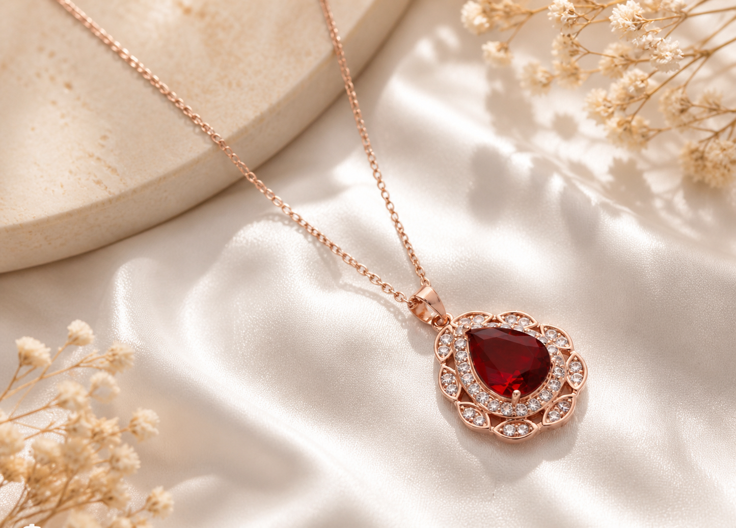 Luxury Red Crystal Pendant Necklace – Rose Gold Elegance