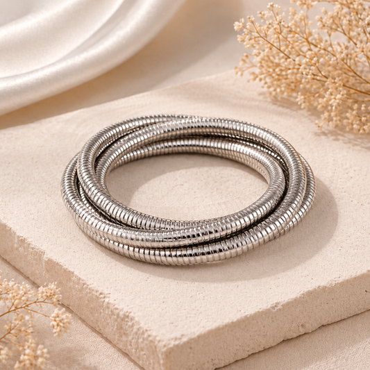 Midnight Chrome Serpent Coil: Multi-Layered Textured Snake Chain Bangle