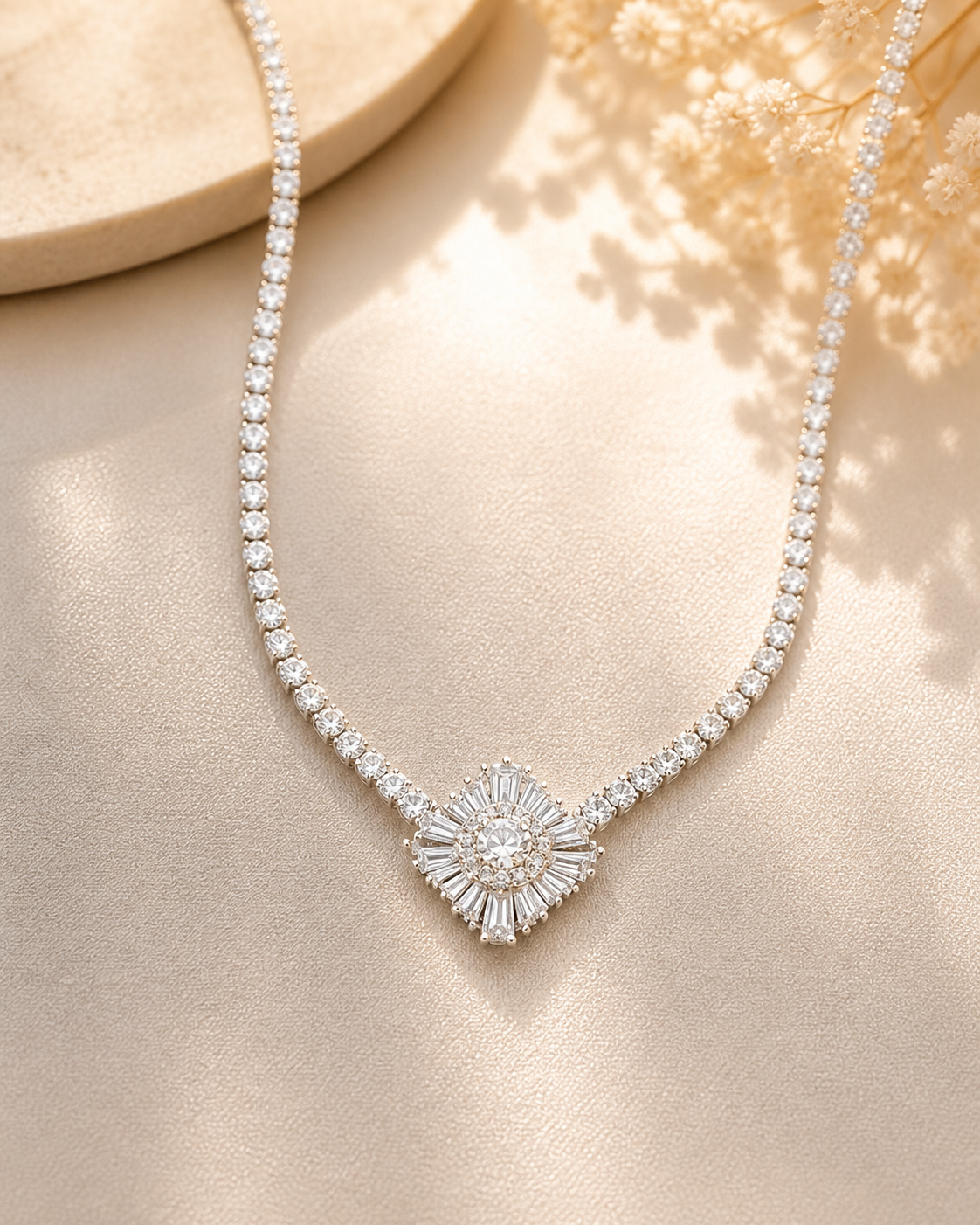 Glimmering Baguette Diamond Starburst Tennis Necklace