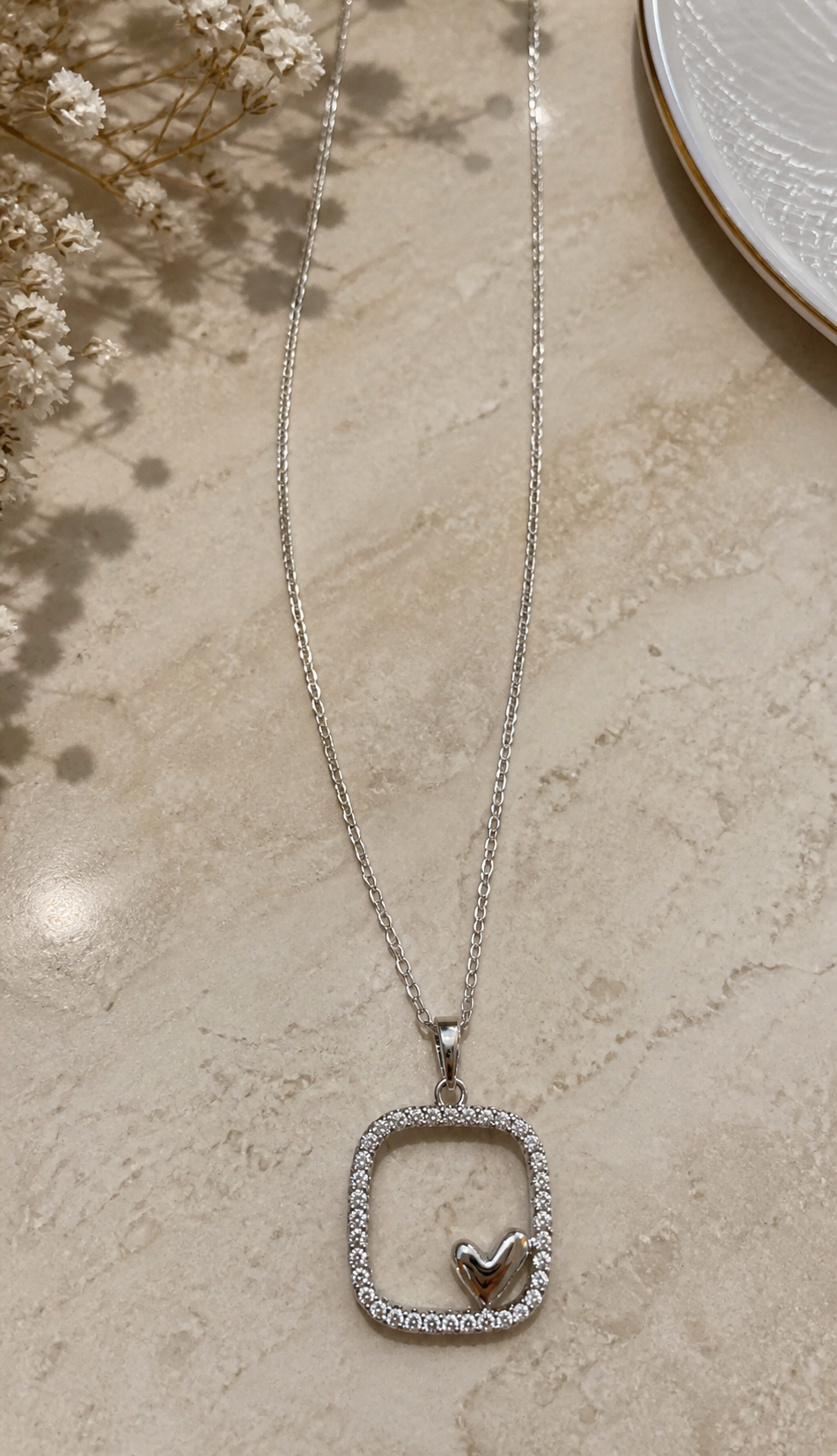 Midnight Compass: Square Pavé Frame Necklace with Polished Heart Accent