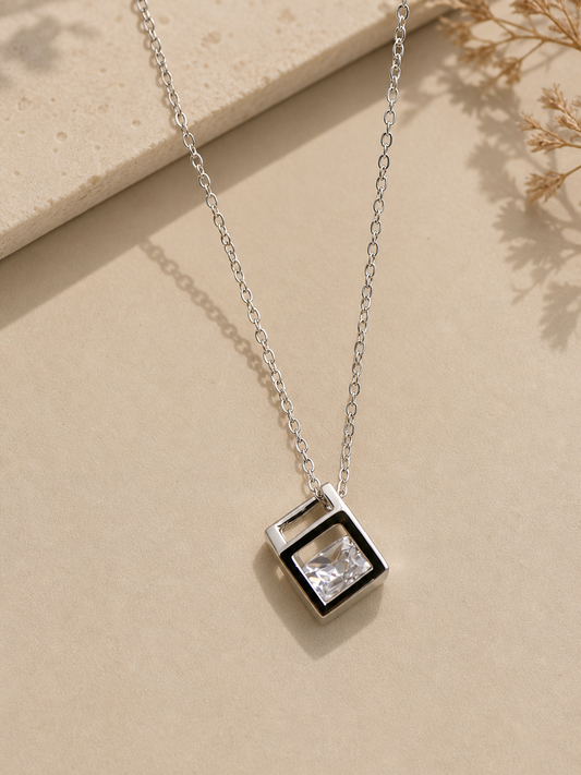 Midnight Prism: Architectural Solitaire Pendant in Polished Silver-Tone