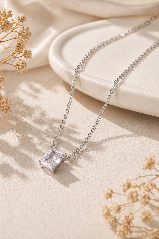 Luminous 1.5 Carat Princess Cut Diamond Solitaire Necklace in Sterling Silver