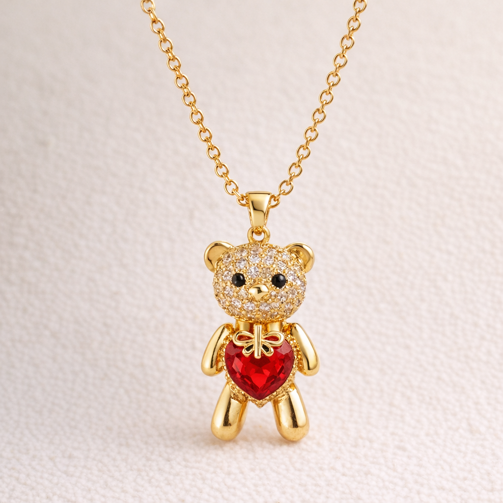 Midnight Cuddle: Pavé Crystal Teddy Bear Pendant with Ruby-Red Heart