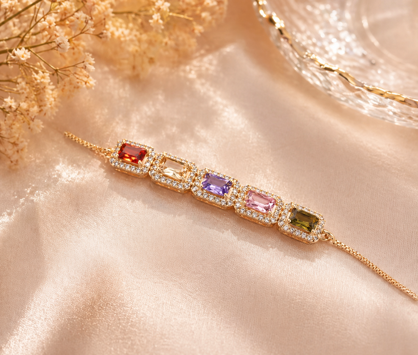 Rainbow of Light: Emerald Cut Multicolor CZ Tennis Bracelet in Gold Plating