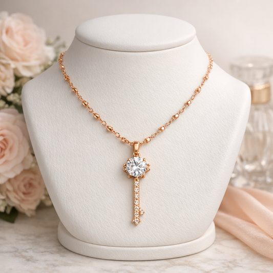 Luminous Key: Crystal-Encrusted Solitaire Pendant in Rose Gold-Tone