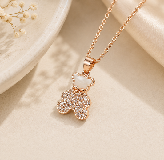 Rose Gold Teddy Bear Pendant Necklace – Crystal Charm Necklace
